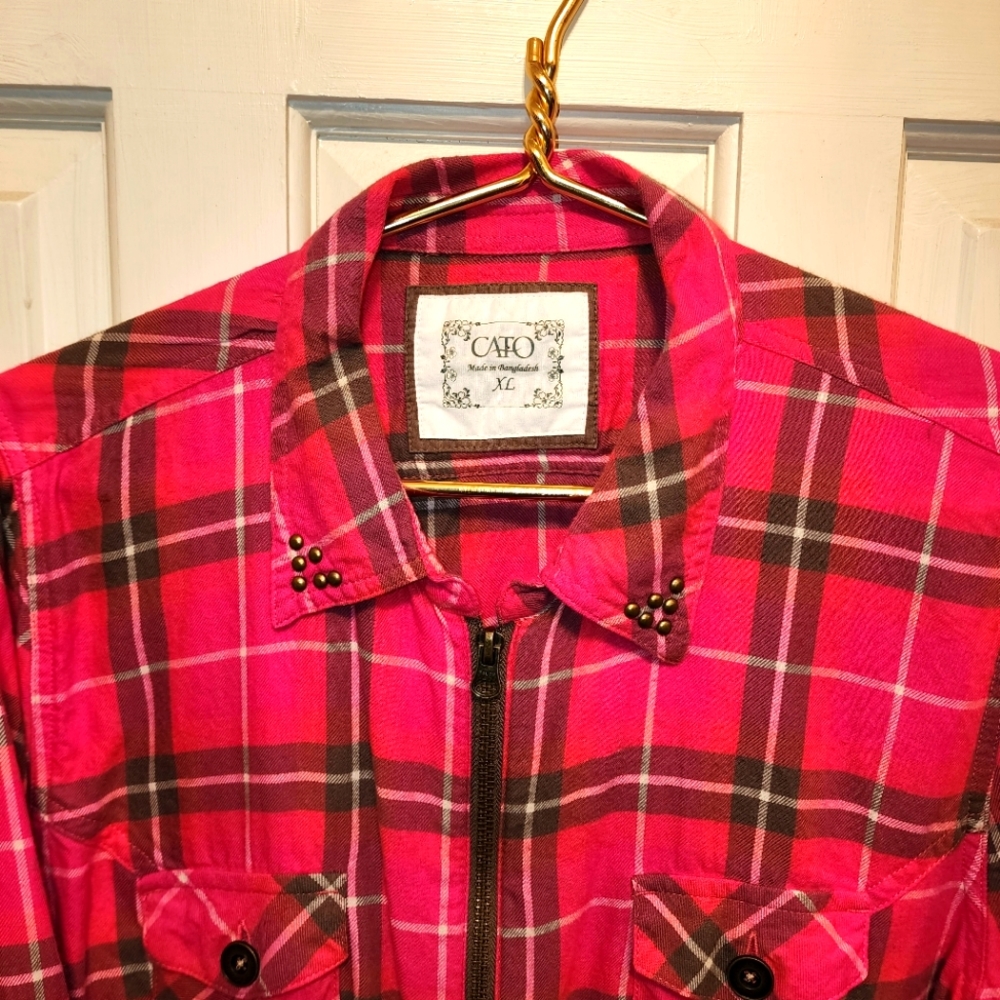 CATO Pink Flannel ZIp front Shirt brass buttons pockets cotton womens XL